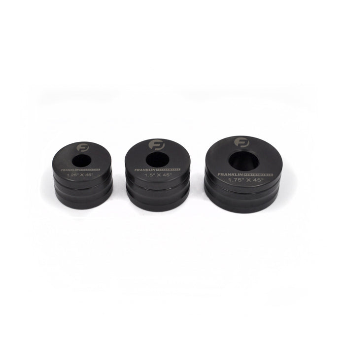 Franklin Performance Dimple Dies, made from heat-treated alloy steel with corrosion-resistant oil impregnation. Designed to flare holes in sheet metal up to 1/8″ (3mm) thick, improving panel strength and appearance. Suitable for use in a press or ironworker; smaller sizes can be used with a nut and bolt on light steel or aluminium.