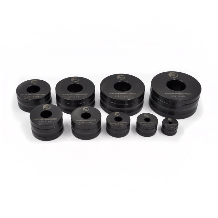 Franklin Performance Dimple Dies, made from heat-treated alloy steel with corrosion-resistant oil impregnation. Designed to flare holes in sheet metal up to 1/8″ (3mm) thick, improving panel strength and appearance. Suitable for use in a press or ironworker; smaller sizes can be used with a nut and bolt on light steel or aluminium.
