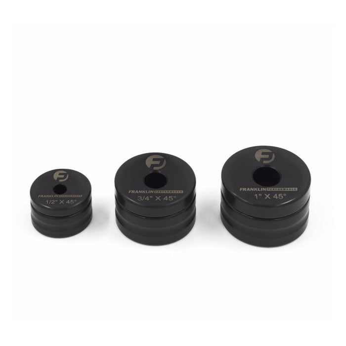 Franklin Performance Dimple Dies, made from heat-treated alloy steel with corrosion-resistant oil impregnation. Designed to flare holes in sheet metal up to 1/8″ (3mm) thick, improving panel strength and appearance. Suitable for use in a press or ironworker; smaller sizes can be used with a nut and bolt on light steel or aluminium.