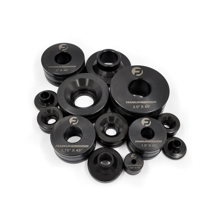 Franklin Performance Dimple Dies, made from heat-treated alloy steel with corrosion-resistant oil impregnation. Designed to flare holes in sheet metal up to 1/8″ (3mm) thick, improving panel strength and appearance. Suitable for use in a press or ironworker; smaller sizes can be used with a nut and bolt on light steel or aluminium.