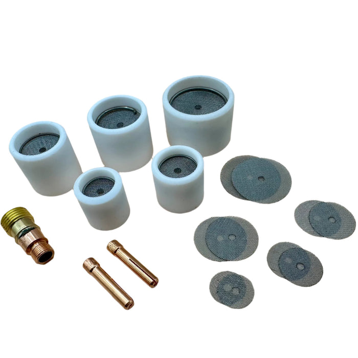 TIGWARE Teflon Fabrication Kit – discounted boxed set featuring five TEFLON diffuser units (#10, #12, #14, #16, #20) with matching spare diffusers, torch adapter, and collets. Designed for DC TIG welding with TIGWARE’s Triple Diffuser System for superior gas flow, extended stick-out, and weld control