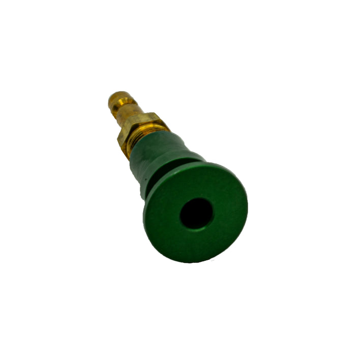 Gokey’s Garage green anodized silicone plug adapter with brass 1/8 NPT fitting, designed to securely connect purge hoses to TIG Aesthetics and high-temp masking plugs, retaining diffuser screen functionality and preventing disconnection during welding.