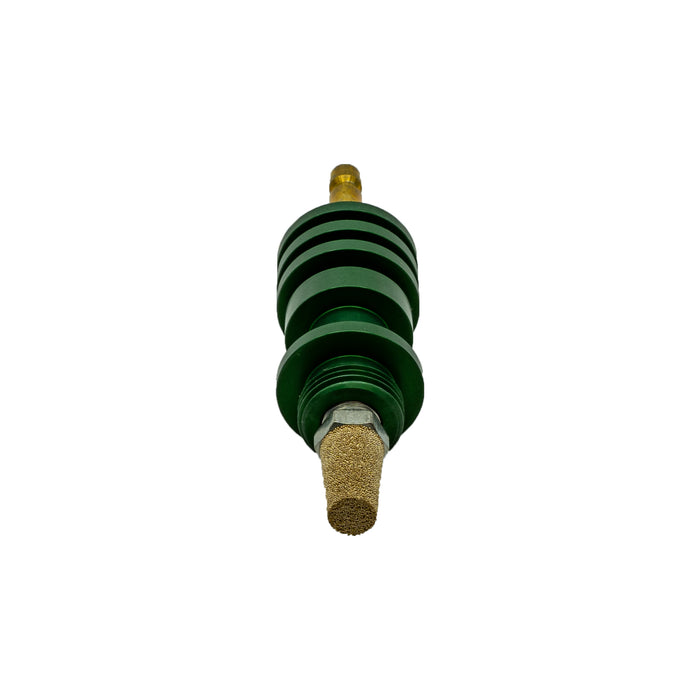 Gokey’s Garage M18 O2 Bung Heatsink with aluminum body, gas line barb, and diffuser, designed to prevent bung warping and simplify TIG weld purging with optional dual swivel adapter for hose management.