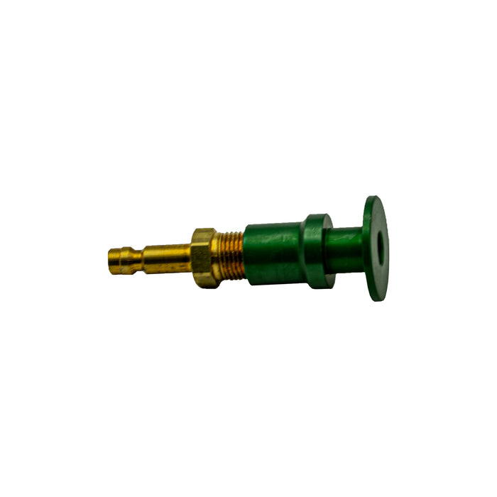 Gokey’s Garage green anodized silicone plug adapter with brass 1/8 NPT fitting, designed to securely connect purge hoses to TIG Aesthetics and high-temp masking plugs, retaining diffuser screen functionality and preventing disconnection during welding.