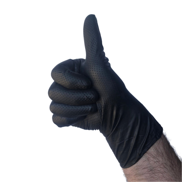 Heavy Duty Nitrile Gloves – Black Diamond Textured | 90g Thickness in a thumbs up position