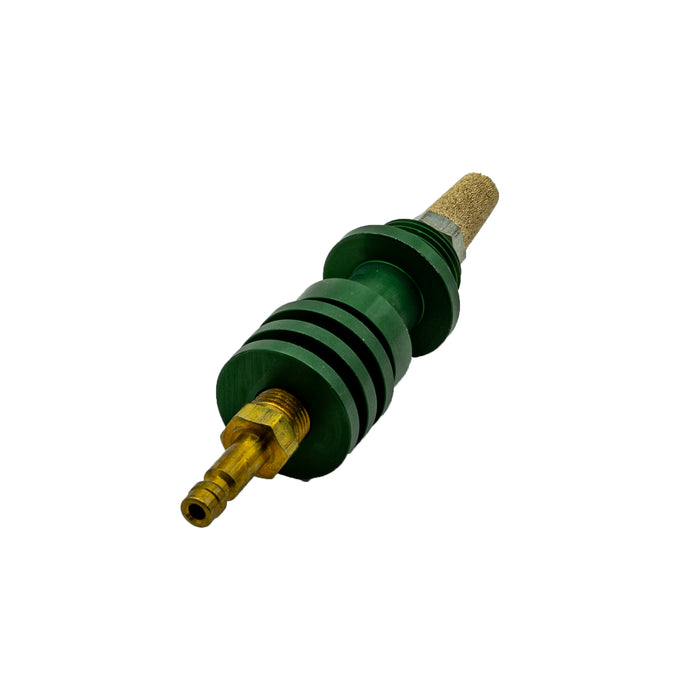 Gokey’s Garage M18 O2 Bung Heatsink with aluminum body, gas line barb, and diffuser, designed to prevent bung warping and simplify TIG weld purging with optional dual swivel adapter for hose management.