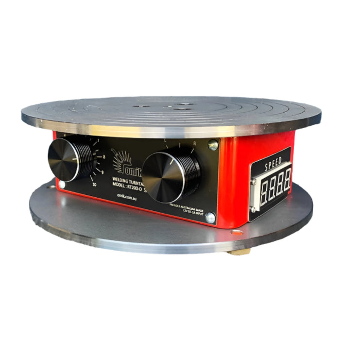Omik Benchtop Welding Rotator Turntable with 200mm quick release chuck, digital speed display, footswitch, and back purging gear. Compact design supports up to 15kg, with stepless variable speed from 10 to 320 seconds per revolution, suitable for MIG, TIG, or Stick welding.