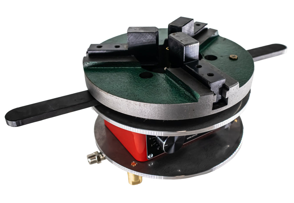 Omik Benchtop Welding Rotator Turntable with 200mm quick release chuck, digital speed display, footswitch, and back purging gear. Compact design supports up to 15kg, with stepless variable speed from 10 to 320 seconds per revolution, suitable for MIG, TIG, or Stick welding.