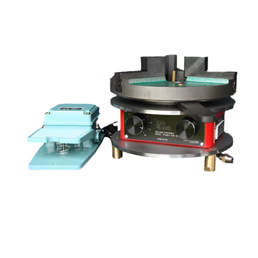 Omik Benchtop Welding Rotator Turntable with 200mm quick release chuck, digital speed display, footswitch, and back purging gear. Compact design supports up to 15kg, with stepless variable speed from 10 to 320 seconds per revolution, suitable for MIG, TIG, or Stick welding.