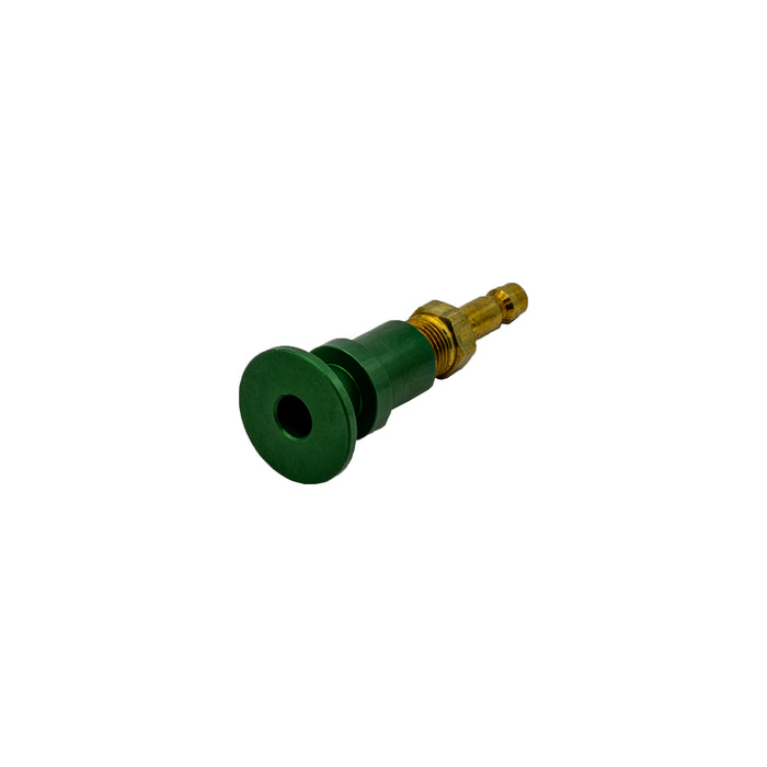 Gokey’s Garage green anodized silicone plug adapter with brass 1/8 NPT fitting, designed to securely connect purge hoses to TIG Aesthetics and high-temp masking plugs, retaining diffuser screen functionality and preventing disconnection during welding.