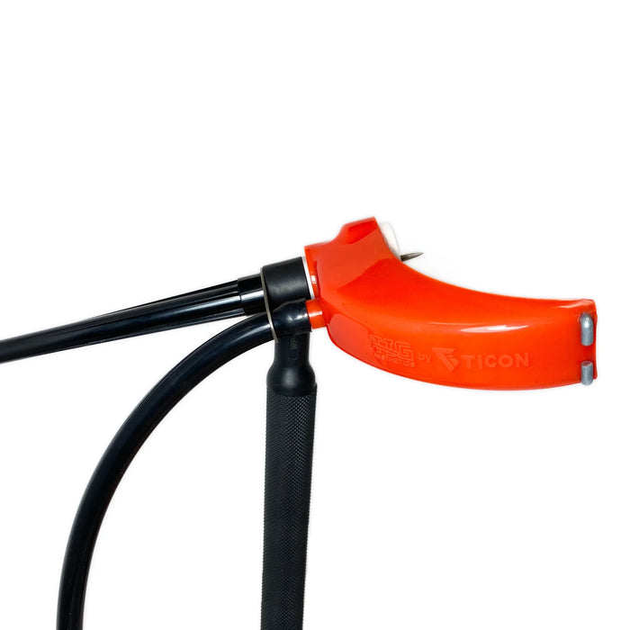 TIG Aesthetics Silicone Trailing Shield by Ticon Industries, made from high-temperature silicone, withstands heat from a #16 or 1" welding cup for 100+ amp welds. Features a built-in drag bar and multi-layer diffuser for optimal argon diffusion, especially on large tubing. Kit includes red silicone chassis, stainless steel mesh diffuser, titanium shower head diffuser, and hose retention tab. Available in 'Flat' or 'Tube' variants.