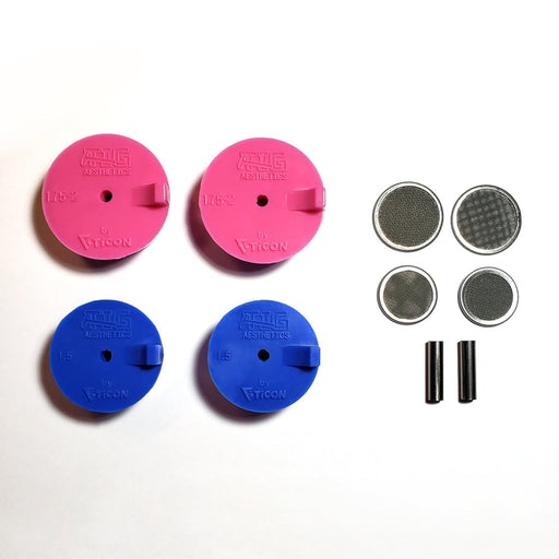 Header Silicone Purge Plug Kit by Ticon Industries and Tig Aesthetics, featuring high-temperature silicone pipe plugs for back purging. The kit includes two blue 1.5″ silicone plugs, two magenta 1.75″-2″ silicone plugs, four stainless steel mesh diffusers, and two titanium argon inlet tubes with a 0.5mm wall for efficient argon use and minimizing turbulence during welding.