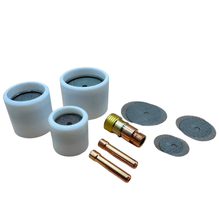 TIGWARE Teflon Boxed Triple Kit – includes #12, #16, and #20 Teflon diffuser units with spare diffusers and torch adapter; designed for DC TIG welding with Triple Diffuser System for extended stick-out and smooth gas flow.