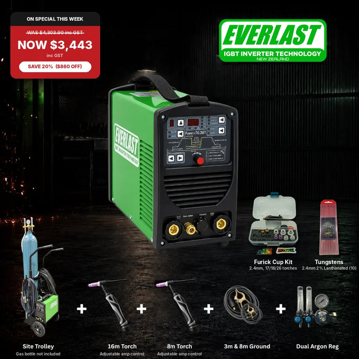 Everlast Power i-TIG 200T Contractor Package with site trolley, 16m and 8m torches, ground leads, dual argon regulator, Furick cup kit and lanthanated tungstens