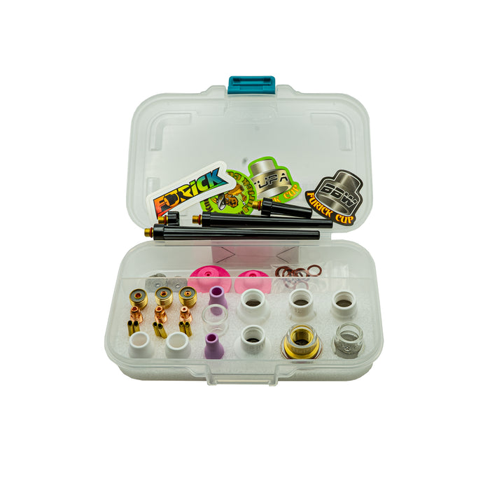 A Furick starter kit for 9/20 torches, displayed in an open clear plastic case with various welding torch parts and accessories organized inside.